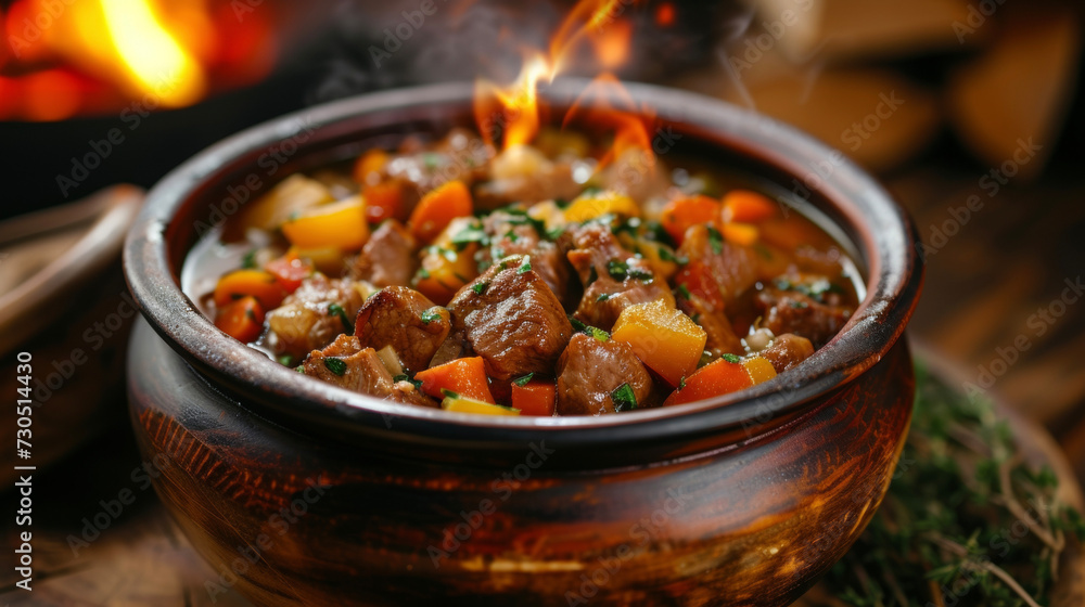 Fototapeta premium A rustic bowl of stew featuring a rich broth filled with hearty chunks of meat and a medley of colorful vegetables ready to warm you up on a chilly evening by the fire.