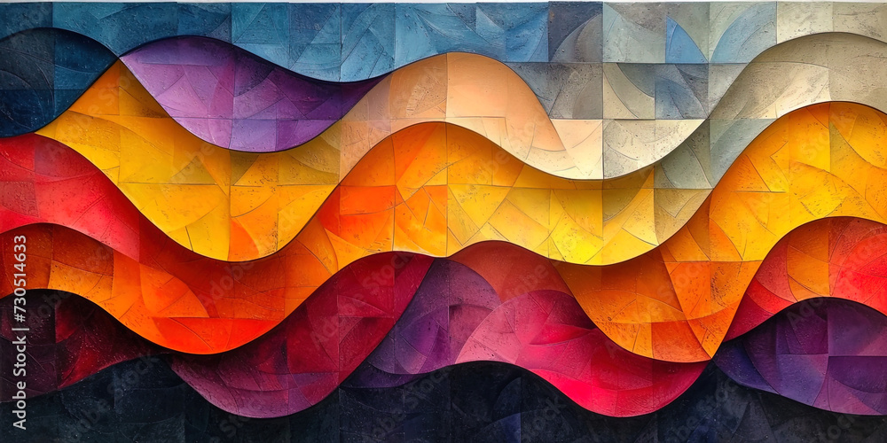 The harmony of triangles and curves that create a dynamic pattern, painted in saturated yellow, orange and lilac tone The harmony of triangles and curves that create a dynamic pattern, painted in saturated yellow, orange and lilac tone