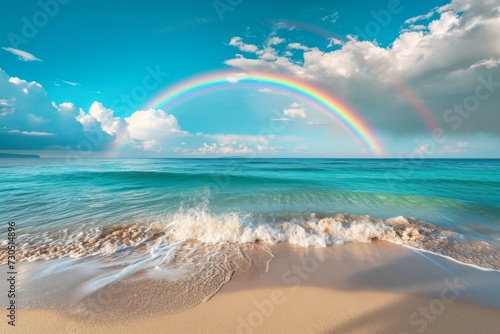 Fototapeta Naklejka Na Ścianę i Meble -  Tropical beach rainbow in sky with blue ocean, waves and sandy beach. The concept of mindfulness, inner peace and happiness. 