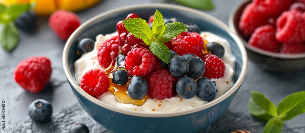 Yoghurt with fruit and honey in a bowl. Yoghurt with fruit and honey in a bowl.