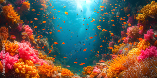 A composition with beautiful corals surrounded by groups of floating fish and delicate seaweed, creating an atmosphere of an underwater paradise garde