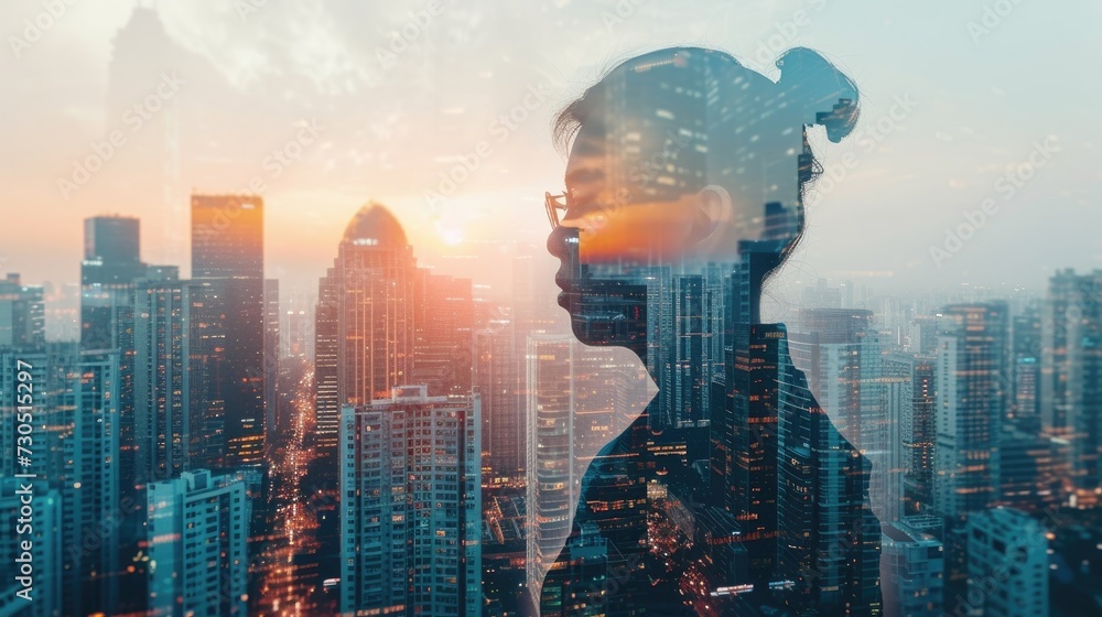 Business person silhouette overlaid on modern cityscape in a double exposure image. - obrazy, fototapety, plakaty 