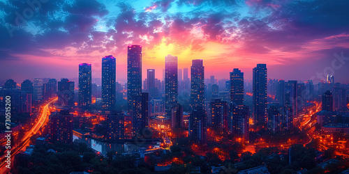 A panoramic view of the city skyscrapers at dusk, where the illuminated windows create a colorful night city landscap