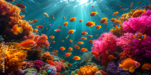 A photograph of the coral reef, where many multi colored fish and bright seaweed create a mosaic carnival of col