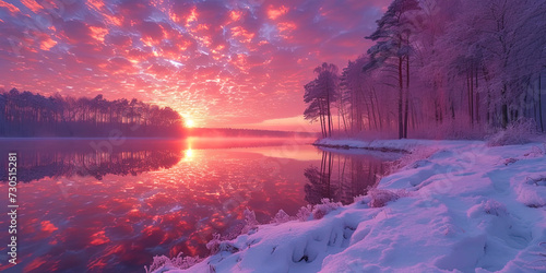 A winter sunset reflected on a snowy surface, with a bright pink and purple shades that create a magical evening moo photo