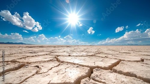 Image of a sun-baked salt flat in summer  the ground cracked and white under the intense sun. 