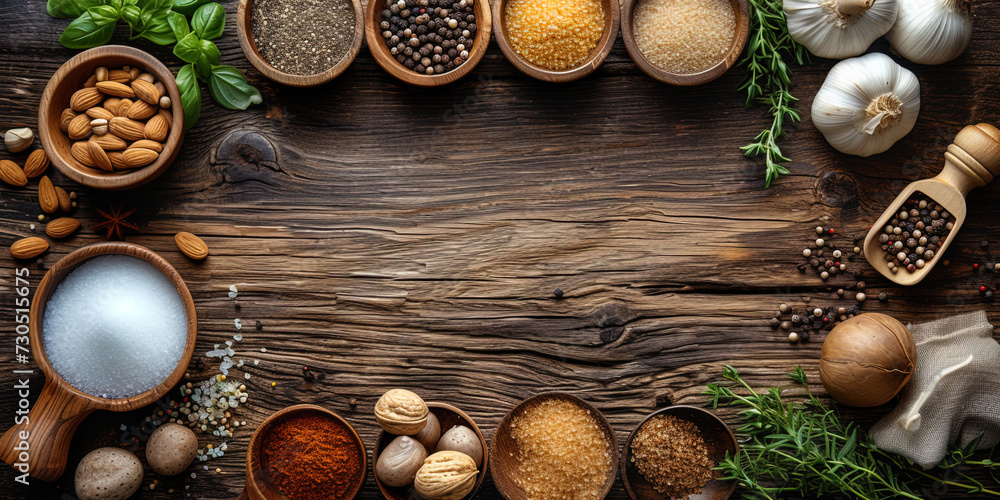 The background for a culinary blog with warm shades of wood, on which kitchen belongings and fresh products are place The background for a culinary blog with warm shades of wood, on which kitchen belongings and fresh products are place
