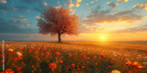 Spring landscape with bright colors, blossomed trees and meadows filled with freshness and arom photo