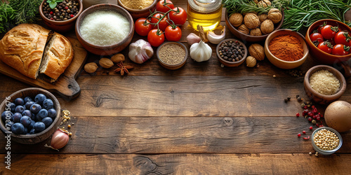 The background for a culinary blog with warm shades of wood, on which kitchen belongings and fresh products are plac
