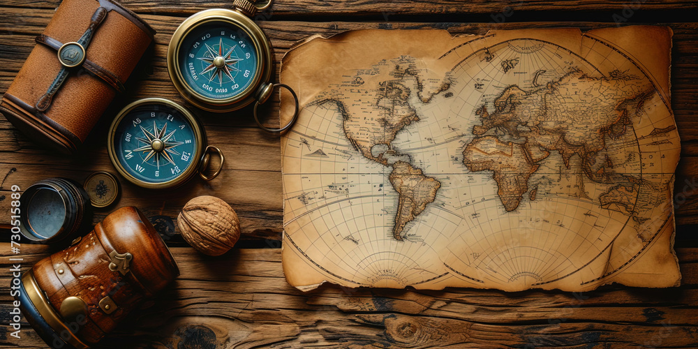 Traveler background with a variety of geographical elements, such as cards, compasses and vintage phot