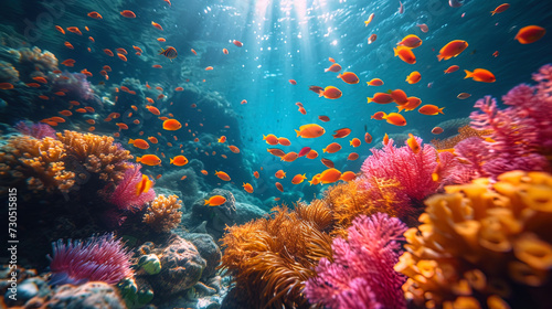 The underwater world with colorful coral formations, lively bright fish and seaweed, creating a picturesque underwater t © JVLMediaUHD