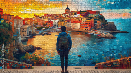 Travelent background with the effect of mosaics, including images of different places, local details and traditional elemen photo