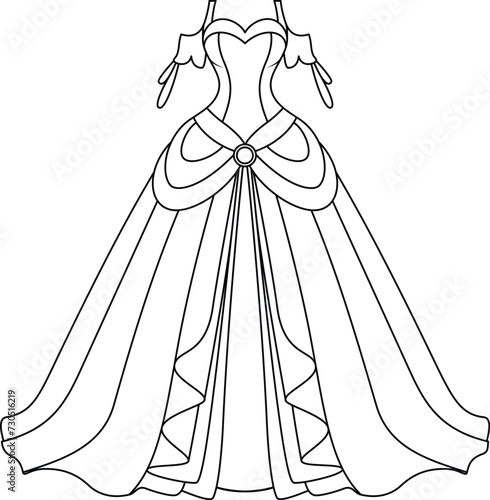 Coloring page of a princess dress for kids. Fashion illustration colouring book 