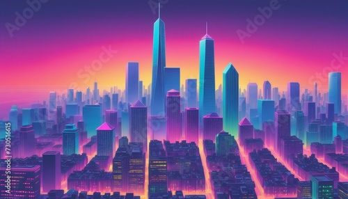 Isometric and color illustration of a big city with skyscrapers and in the style of the eighties photo