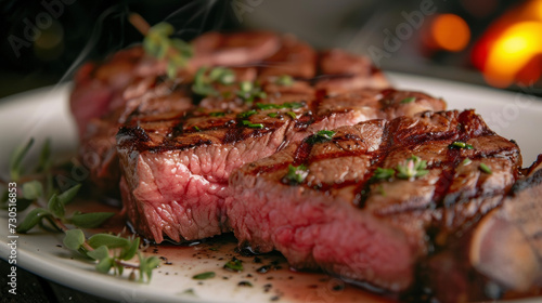 A mouthwatering plate of grilled steak showing off its juicy pink center and charred edges from being cooked to perfection over an open flame.
