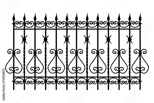 Decorative cast iron wrought fence silhouette with artistic forging isolated on white background. Metal guardrail. Steel modular railing. Vintage gate with swirls. Black forged lattice fence. Vector