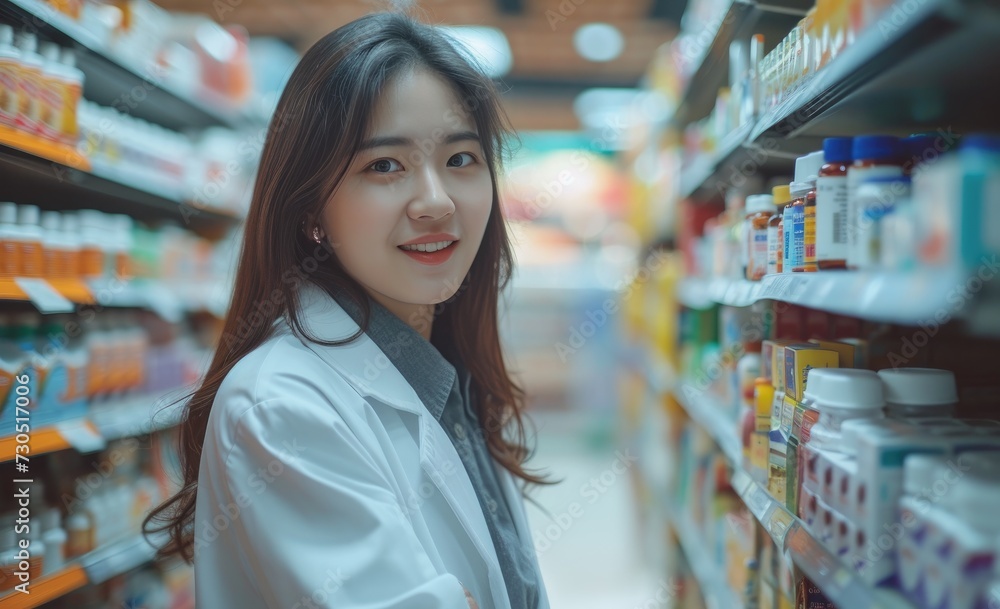 woman in white coat in the front of shelves of pills woman in white coat in the front of shelves of pills