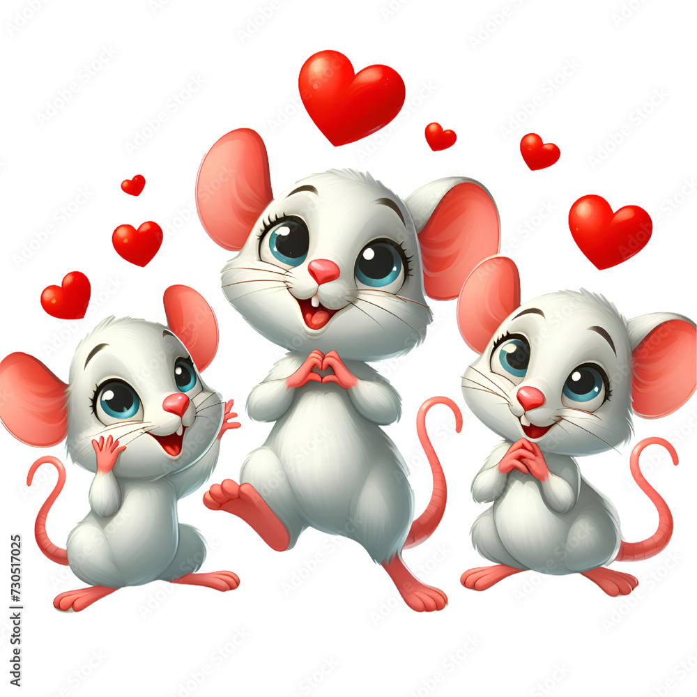 Celebrating Valentine's Day,mice expressing love with red hearts