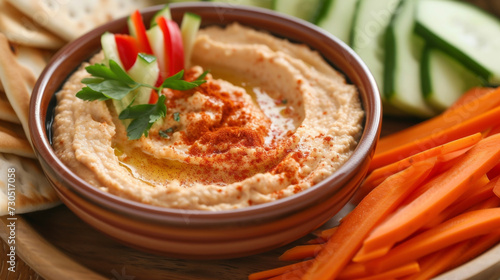 A velvety hummus flad with roasted garlic and smoked paprika served alongside a platter of crisp vegetables and warm pita wedges. The smoky aroma fills the air inviting you photo