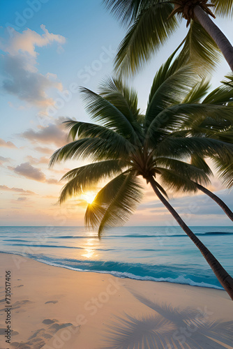 Beautiful tropical beach and sea with coconut palm tree at sunset time © i7