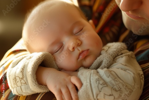 The baby sleeps in his father's arms. father's day