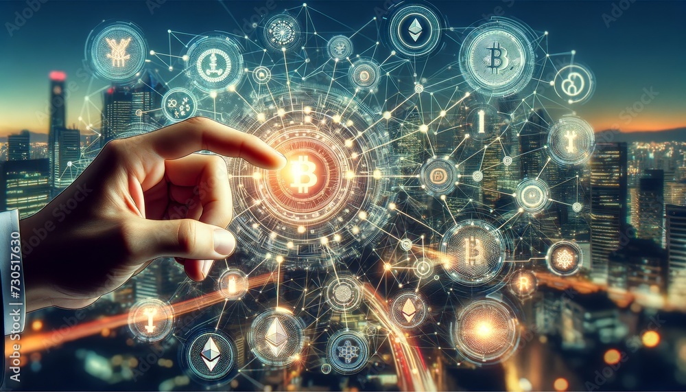 a hand interacting with a futuristic holographic display showing various cryptocurrency a hand interacting with a futuristic holographic display showing various cryptocurrency