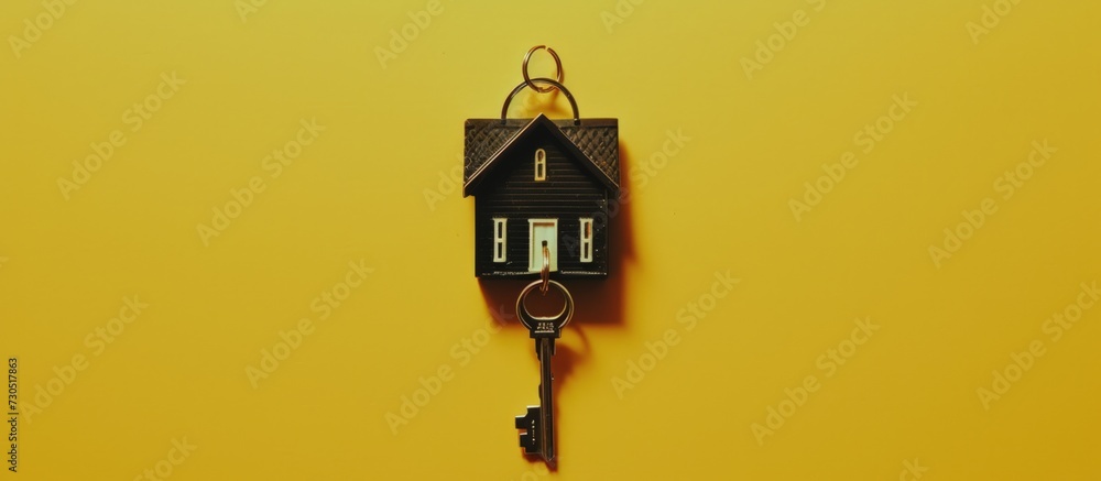 Rendering 3d illustration House keys with house shaped on yellow background. AI generated image Rendering 3d illustration House keys with house shaped on yellow background. AI generated image