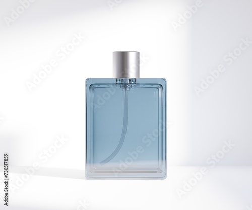 Blank transparent perfume bottle on isolated white background, 3D illustration.