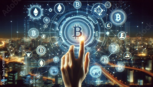 a hand interacting with a futuristic holographic display showing various cryptocurrency