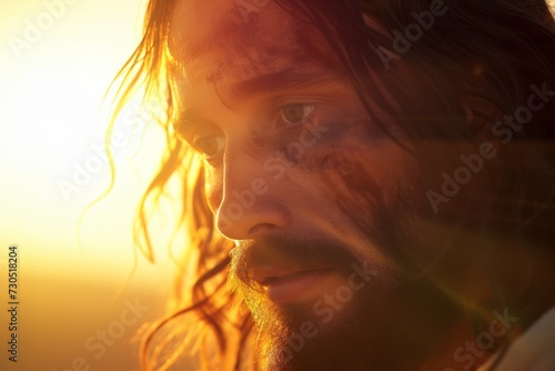 jesus christ portrait closeup against sunset background
