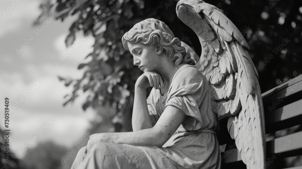 An angel sitting on a bench looking off into the distance with a pensive and mournful expression.