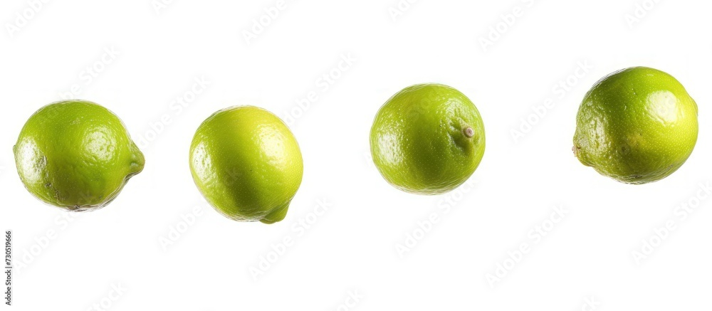 Group flying fresh green lime fruits isolated on white background. AI generated image Group flying fresh green lime fruits isolated on white background. AI generated image