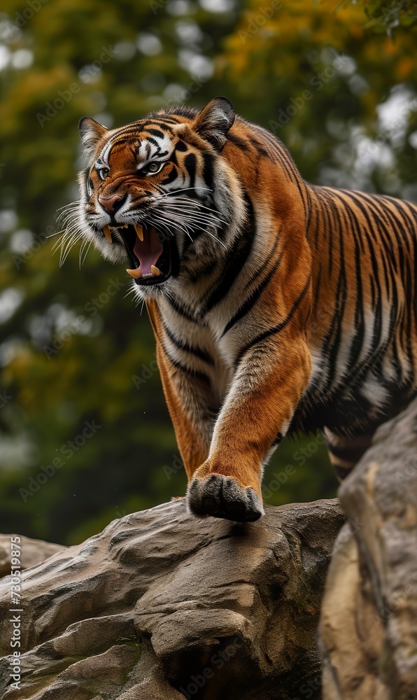 Obraz premium A tiger on a rock growling and angry with sharp fangs ready for combat. Tiger echoing strength and authority in the jungle in essence fierce and indomitable.