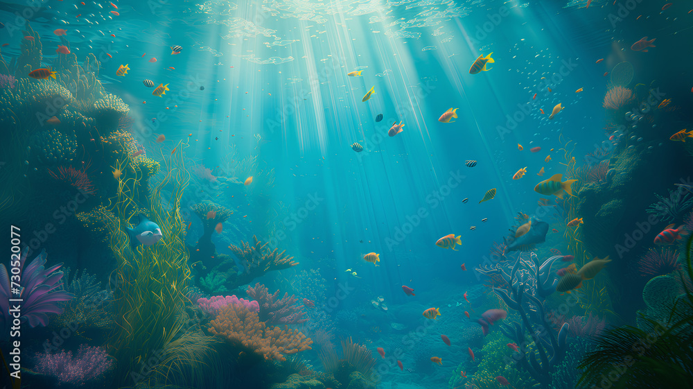 Panoramic underwater seascape of a vibrant coral reef bustling with colorful tropical fish, bathed in sunlight filtering through the ocean surface.
