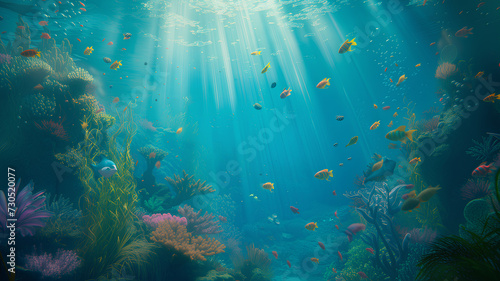 Panoramic underwater seascape of a vibrant coral reef bustling with colorful tropical fish, bathed in sunlight filtering through the ocean surface. 