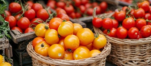 Ripe red and orange tomatoes in baskets sold at the farmers' market.