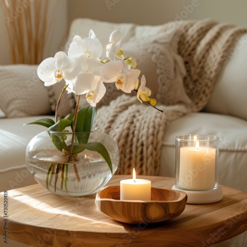 Tranquil Home Vignette  White Orchids and Candle on Wooden Tray