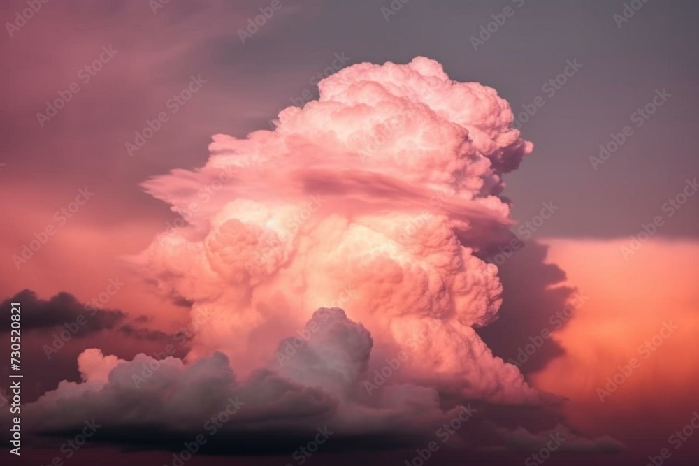 Beautiful pink clouds illuminated by sunlight. Generative AI