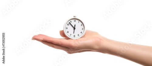 A hand holding timer or alarm clock isolated on white background. AI generated image