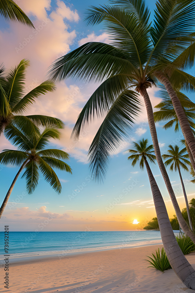 Beautiful tropical beach and sea with coconut palm tree at sunset time