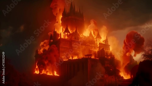 Medieval castle on fire at night, consumed by flames and surrounded by smoke in the turrets. History and wars in ancient times photo