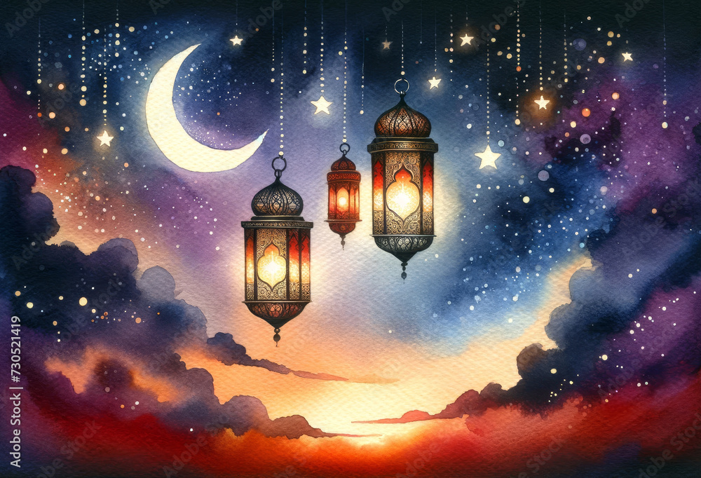 watercolor style drawing depicting a Ramadan theme with crescent moon and lantern decorations
