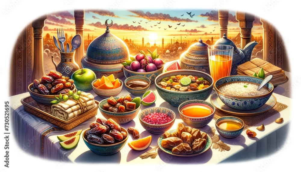watercolor illustration depicting a variety of traditional foods commonly consumed for breaking the fast during Ramadan