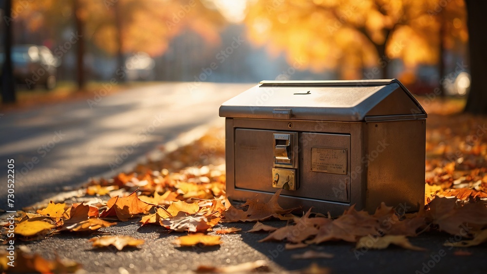 Amidst the changing foliage, a safe-deposit box finds its place in the serene ambiance of the autumn park - obrazy, fototapety, plakaty 