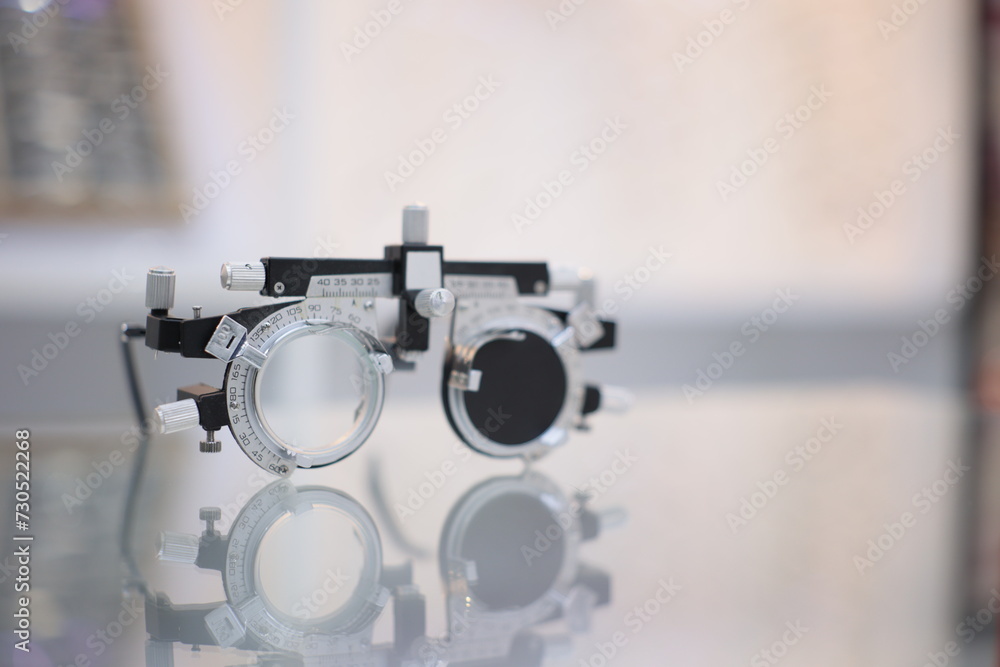 Trial frame glasses, eye exam 