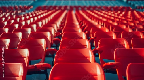 Vibrant Red Stadium Seats in Empty Arena. Generative ai photo