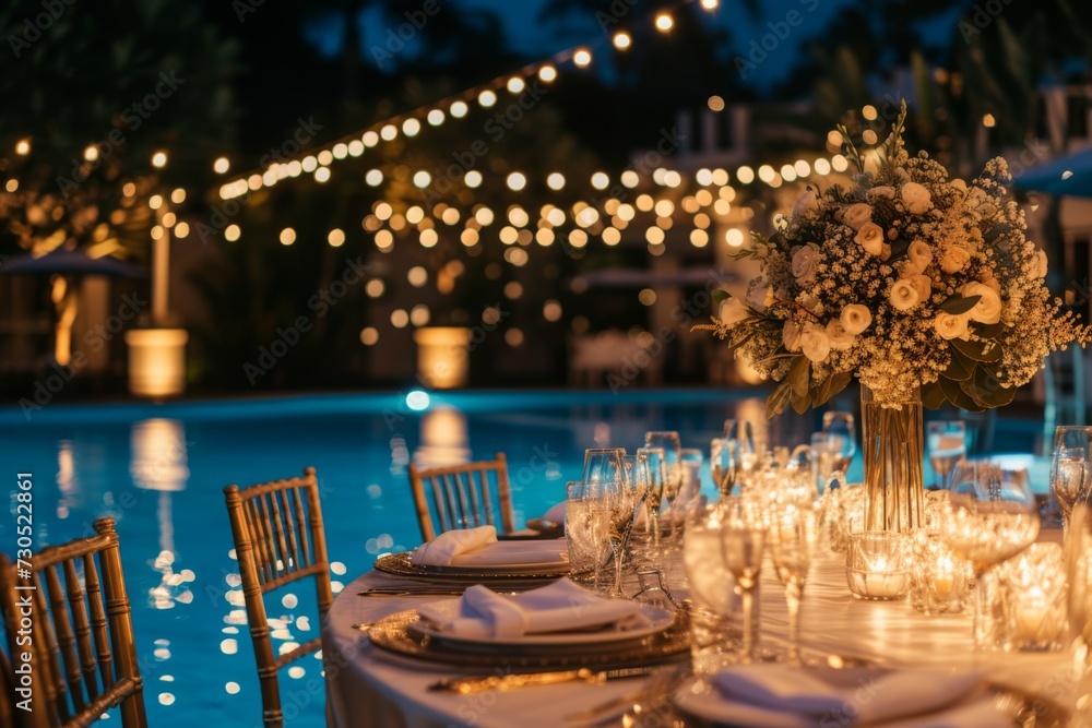 Evening wedding table with lighting and pool in the background