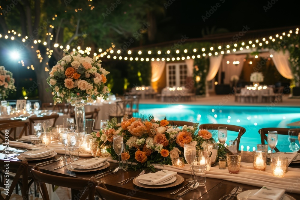 Candlelit wedding dinner by the pool with a garland of lights