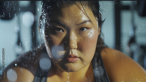 汗をかいて集中するジムでトレーニング中のぽっちゃりしたアジア人女性 photo