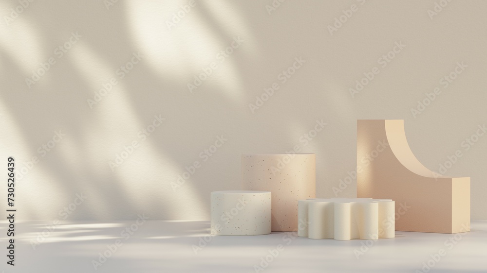 Minimal 3d render mockup of peach pink and terrazzo podium in landscape with sun shadow Minimal 3d render mockup of peach pink and terrazzo podium in landscape with sun shadow